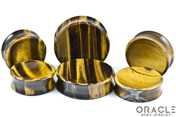 Yellow Tiger Eye Concave Solid Double Flare Stone Plugs